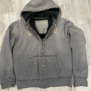 Vintage Abercrombie & Fitch Men’s Wolf Jaw Jacket Grey Hoodie with Faux Fur